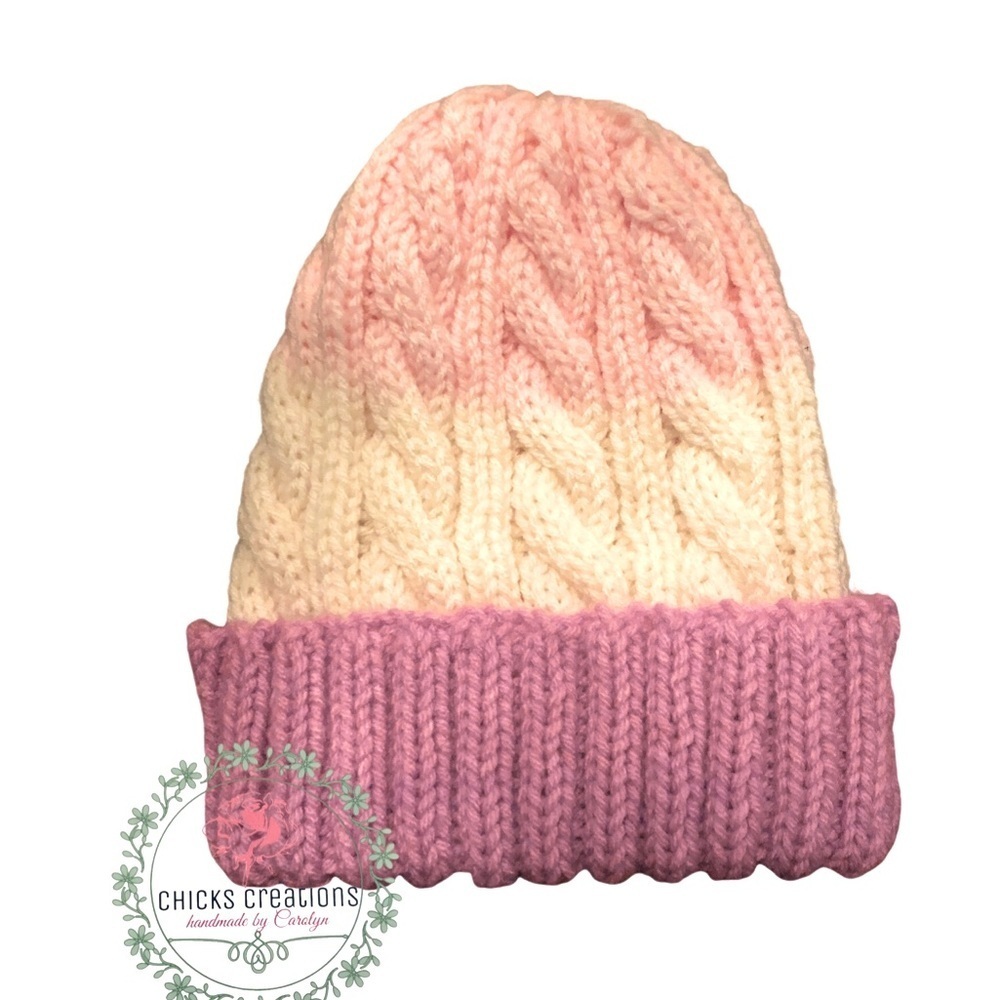 Hand Knit Toddlers Winter‎ Hat, Cable Knit in Lavender/Pink/White, NWOT Size 4-6